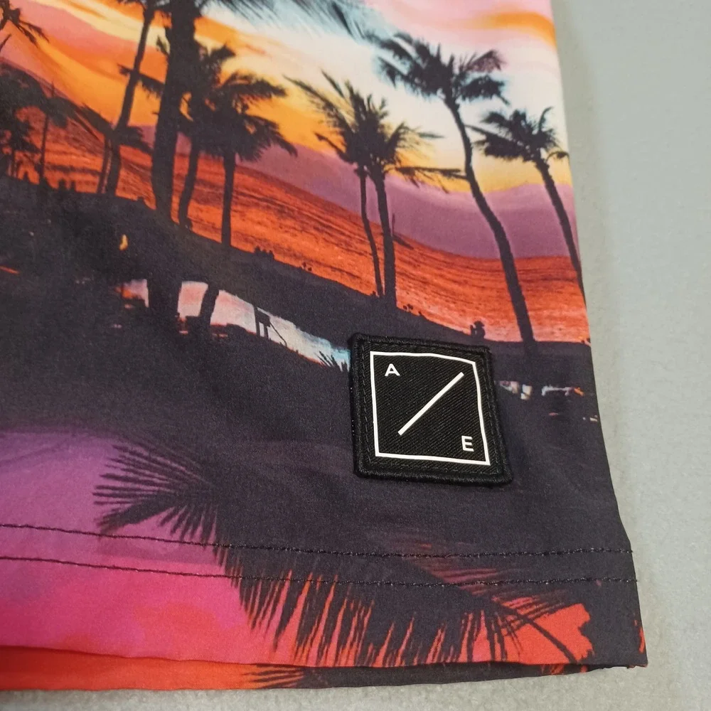 American Eagle Mens Board Short XXL Tropical Sunset Palm Tree Swim Trunks Orange